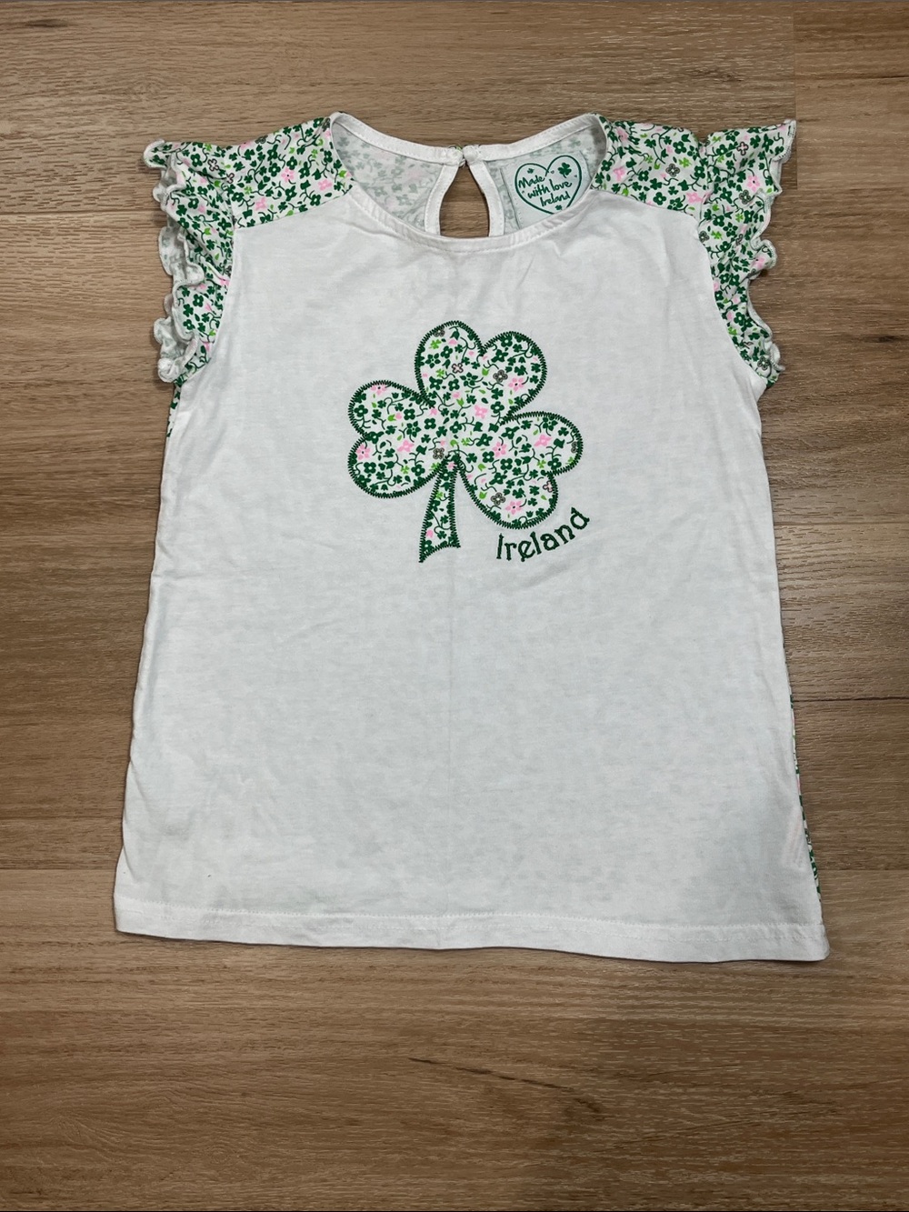 Made With Love In Ireland Girls Shamrock Floral Flutter Sleeve Tee Size 7-8